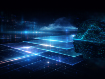 Futuristic digital landscape and data head