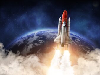 Rocket,In,Space,On,Orbit,Of,Planet,,Banner,Design